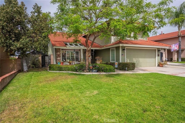 9081 Mandarin Ln, Riverside, CA 92508 - view of front of home with concrete driveway, a front yard, and a tile roof