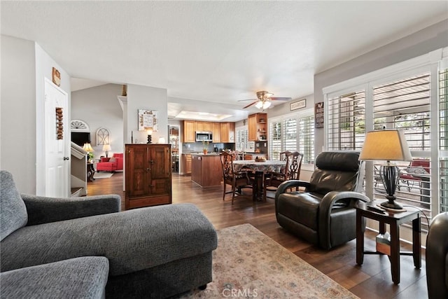9081 Mandarin Ln, Riverside, CA 92508 - living room with ceiling fan and dark wood-style floors
