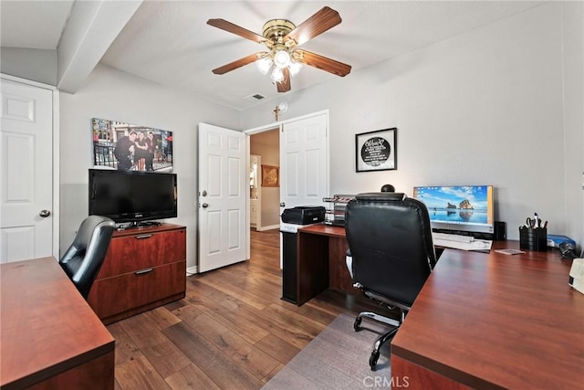 9081 Mandarin Ln, Riverside, CA 92508 - office area featuring ceiling fan and dark wood-type flooring