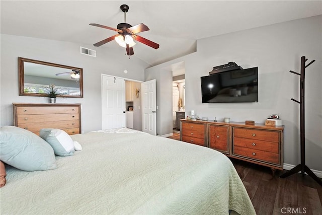 9081 Mandarin Ln, Riverside, CA 92508 - bedroom with dark wood finished floors, lofted ceiling, a ceiling fan, connected bathroom, and baseboards