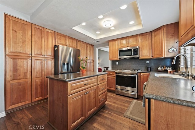 9081 Mandarin Ln, Riverside, CA 92508 - kitchen with appliances with stainless steel finishes, a sink, dark wood-style flooring, a raised ceiling, and backsplash