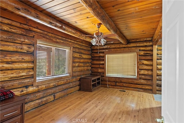 30771 Fox Ridge Ct, Tehachapi, CA 93561 - unfurnished room featuring wooden ceiling with exposed beams, hardwood / wood-style floors, ceiling fan, and log walls