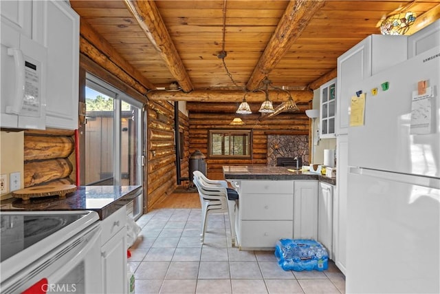 30771 Fox Ridge Ct, Tehachapi, CA 93561 - kitchen featuring white appliances, log walls, dark countertops, wooden ceiling with exposed beams, and white cabinetry