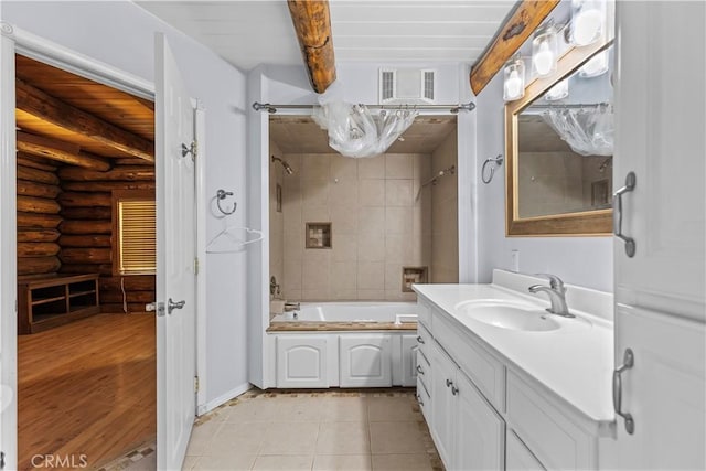 30771 Fox Ridge Ct, Tehachapi, CA 93561 - bathroom featuring log walls, vanity, shower / bath combination, and tile patterned flooring