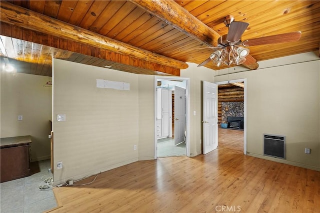 30771 Fox Ridge Ct, Tehachapi, CA 93561 - empty room featuring ceiling fan, heating unit, wood ceiling with exposed beams, wood finished floors, and baseboards