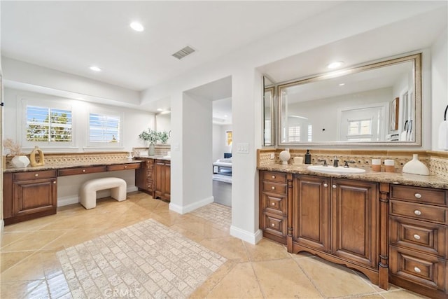 15 Basilica Pl, Ladera Ranch, CA 92694 - full bath with vanity, recessed lighting, decorative backsplash, and tile patterned flooring