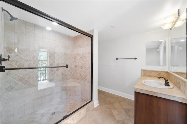 15 Basilica Pl, Ladera Ranch, CA 92694 - full bathroom with vanity, baseboards, a stall shower, and tile patterned flooring