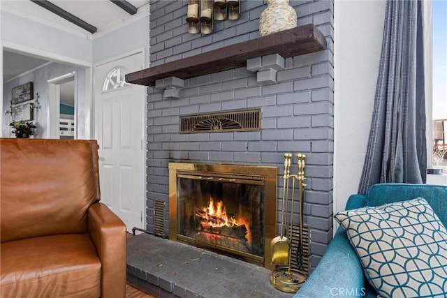 4201 Irvon Trl, Frazier Park, CA 93225 - living area featuring a brick fireplace and crown molding