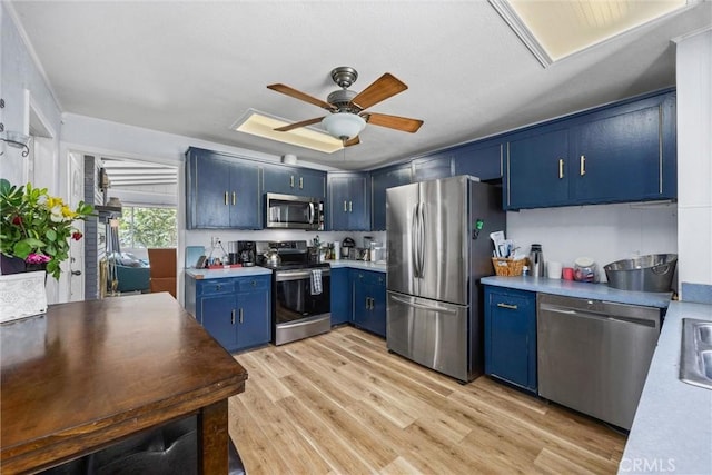 4201 Irvon Trl, Frazier Park, CA 93225 - kitchen with blue cabinets, stainless steel appliances, ceiling fan, light countertops, and light wood finished floors