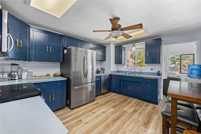 4201 Irvon Trl, Frazier Park, CA 93225 - kitchen featuring blue cabinetry, appliances with stainless steel finishes, ceiling fan, and a textured ceiling