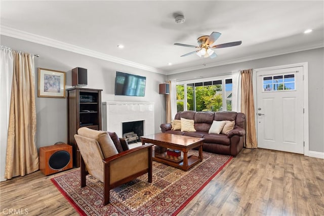 234 N Alta Vista Ave, Monrovia, CA 91016 - living area with a ceiling fan, crown molding, light wood-style floors, a premium fireplace, and recessed lighting