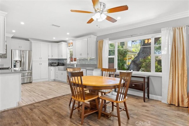 234 N Alta Vista Ave, Monrovia, CA 91016 - dining space with crown molding, ceiling fan, light wood-style flooring, and recessed lighting