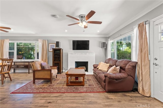 234 N Alta Vista Ave, Monrovia, CA 91016 - living area featuring ceiling fan, ornamental molding, wood finished floors, a fireplace, and recessed lighting