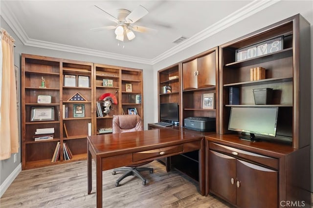 234 N Alta Vista Ave, Monrovia, CA 91016 - home office featuring a ceiling fan, ornamental molding, and light wood finished floors