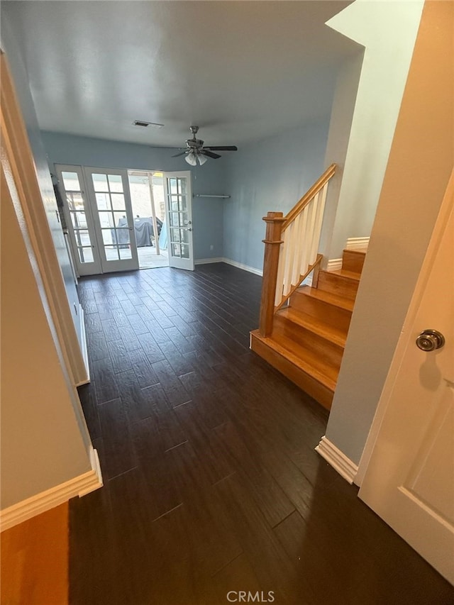 11459 Shippigan Way, Cypress, CA 90630 - unfurnished living room featuring french doors, dark wood-style floors, stairs, and ceiling fan