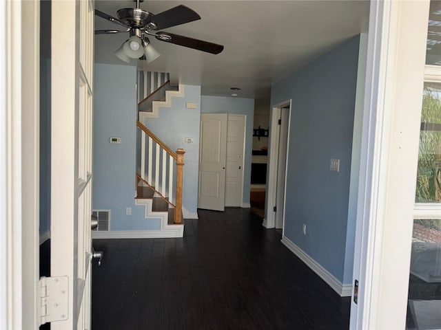 11459 Shippigan Way, Cypress, CA 90630 - entryway featuring ceiling fan, dark wood-type flooring, and stairs