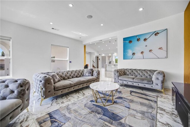 9743 Monogram Ave, Northridge, CA 91343 - living room with recessed lighting and marble tiled floors