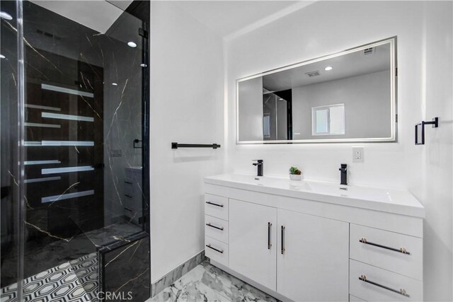 9743 Monogram Ave, Northridge, CA 91343 - bathroom with marble finish flooring, double vanity, a marble finish shower, baseboards, and recessed lighting