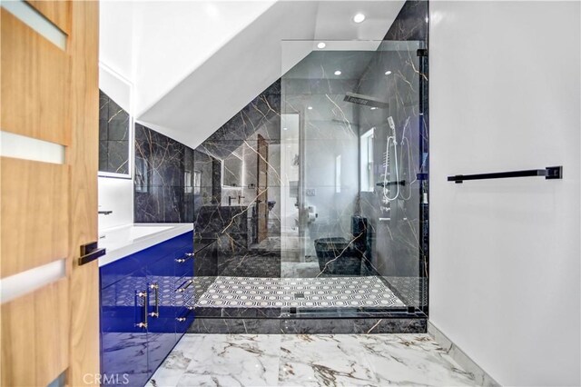 9743 Monogram Ave, Northridge, CA 91343 - bathroom featuring marble tiled floors, a marble finish shower, vanity, and recessed lighting