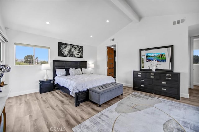 9743 Monogram Ave, Northridge, CA 91343 - bedroom featuring beam ceiling, light wood-style flooring, baseboards, recessed lighting, and high vaulted ceiling