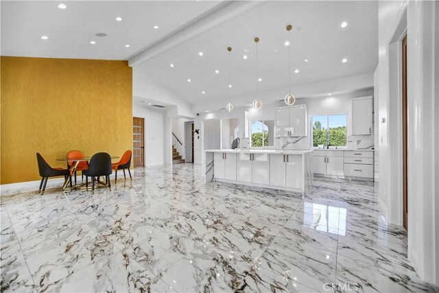 9743 Monogram Ave, Northridge, CA 91343 - living room with light marble finish floors, stairway, recessed lighting, and baseboards