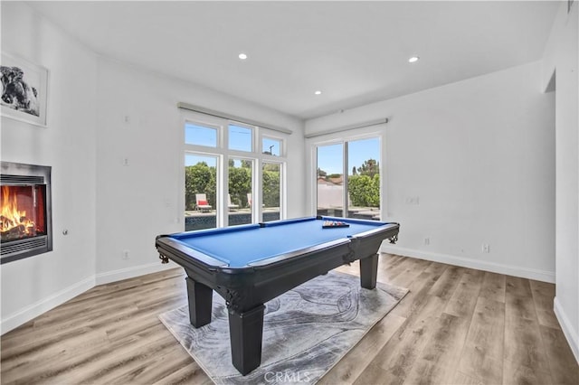 9743 Monogram Ave, Northridge, CA 91343 - game room with baseboards, a lit fireplace, light wood-style flooring, billiards, and recessed lighting