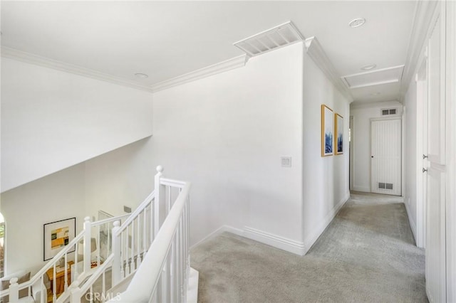 245 Palmer St, Costa Mesa, CA 92627 - hall featuring an upstairs landing, carpet, attic access, baseboards, and crown molding