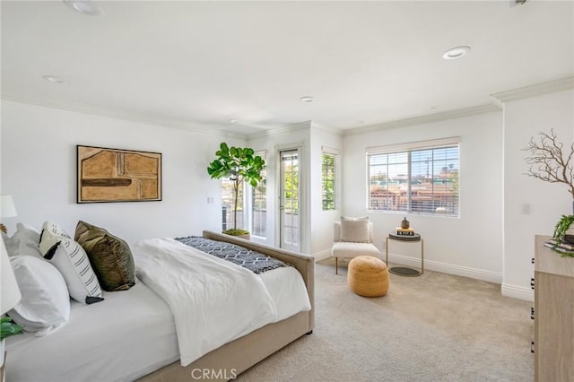 245 Palmer St, Costa Mesa, CA 92627 - carpeted bedroom featuring access to outside, ornamental molding, baseboards, and recessed lighting