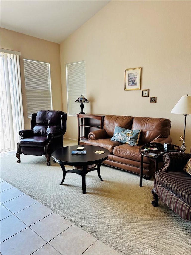 35419 El Diamante Dr, Wildomar, CA 92595 - tiled living room featuring carpet flooring and lofted ceiling