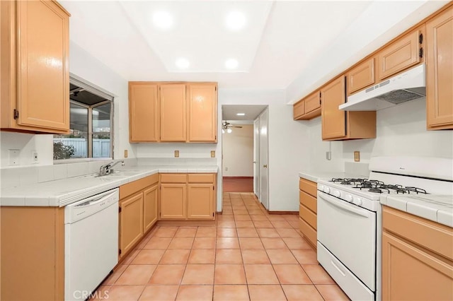 37538 Stonegate Ln, Palmdale, CA 93552 - kitchen featuring white appliances, under cabinet range hood, tile counters, ceiling fan, and recessed lighting