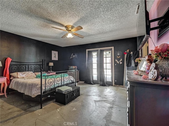 20715 Teton Rd, Apple Valley, CA 92308 - bedroom with concrete floors, a ceiling fan, and a textured ceiling