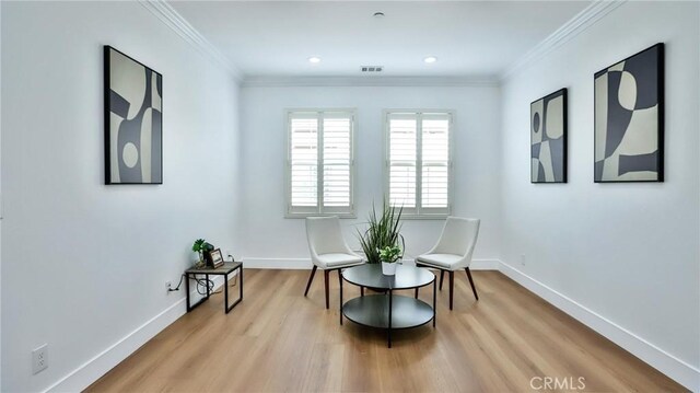 53 Via Armilla, San Clemente, CA 92673 - sitting room featuring wood finished floors, ornamental molding, and recessed lighting