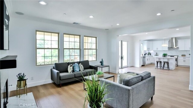 53 Via Armilla, San Clemente, CA 92673 - living room featuring light wood-style floors, recessed lighting, and ornamental molding