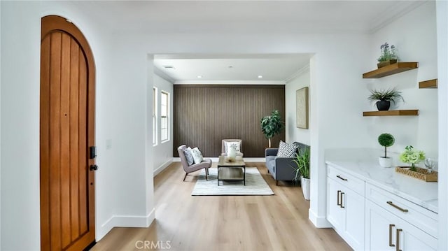53 Via Armilla, San Clemente, CA 92673 - living area featuring light wood finished floors, ornamental molding, baseboards, and recessed lighting