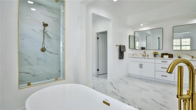 53 Via Armilla, San Clemente, CA 92673 - full bathroom with double vanity, a soaking tub, marble finish flooring, a marble finish shower, and recessed lighting