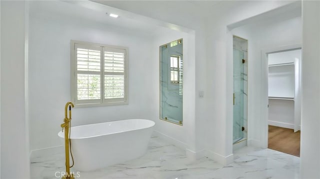 53 Via Armilla, San Clemente, CA 92673 - bathroom with marble finish flooring, a marble finish shower, a soaking tub, and baseboards