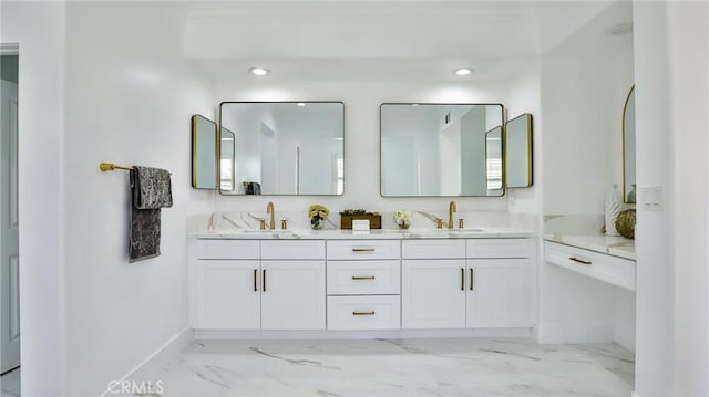 53 Via Armilla, San Clemente, CA 92673 - bathroom with marble look tile flooring, double vanity, baseboards, and recessed lighting