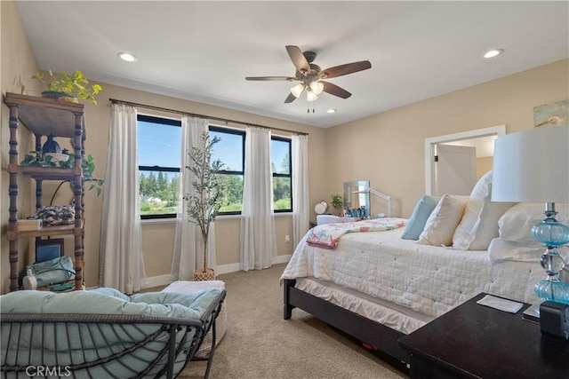 1622 Paradisewood Dr, Paradise, CA 95969 - bedroom featuring light carpet, baseboards, recessed lighting, and ceiling fan