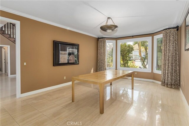 29515 Weeping Willow Dr, Agoura Hills, CA 91301 - unfurnished dining area with crown molding, baseboards, and light tile patterned floors