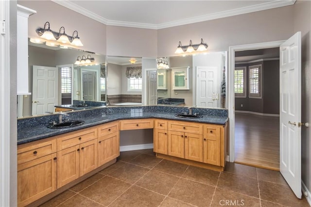 29515 Weeping Willow Dr, Agoura Hills, CA 91301 - bathroom with crown molding, healthy amount of natural light, double vanity, and tile patterned floors