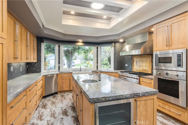 29515 Weeping Willow Dr, Agoura Hills, CA 91301 - kitchen with appliances with stainless steel finishes, beverage cooler, wall chimney range hood, a sink, and ornamental molding