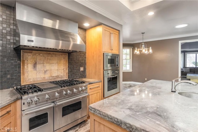 29515 Weeping Willow Dr, Agoura Hills, CA 91301 - kitchen with stainless steel appliances, wall chimney exhaust hood, a sink, crown molding, and decorative backsplash