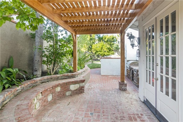 29515 Weeping Willow Dr, Agoura Hills, CA 91301 - view of patio with french doors, a pergola, and exterior kitchen