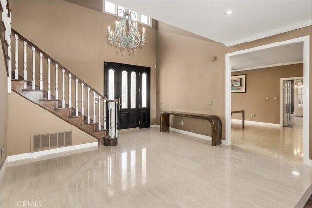 29515 Weeping Willow Dr, Agoura Hills, CA 91301 - entrance foyer with a chandelier, baseboards, stairway, tile patterned floors, and ornamental molding