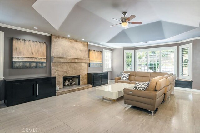 29515 Weeping Willow Dr, Agoura Hills, CA 91301 - living area featuring a tray ceiling, a high end fireplace, a ceiling fan, crown molding, and recessed lighting