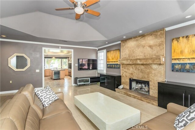 29515 Weeping Willow Dr, Agoura Hills, CA 91301 - living area with recessed lighting, ceiling fan, a tray ceiling, a large fireplace, and ornamental molding