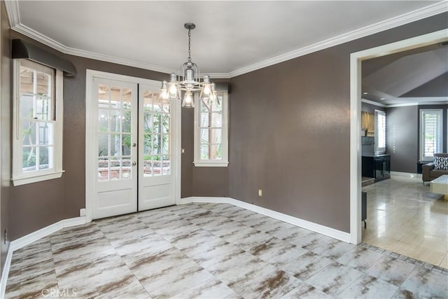 29515 Weeping Willow Dr, Agoura Hills, CA 91301 - unfurnished dining area with a chandelier, baseboards, and crown molding