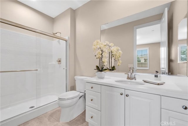 9936 Pear Dr, Westminster, CA 92683 - full bathroom with toilet, vanity, a stall shower, and tile patterned floors