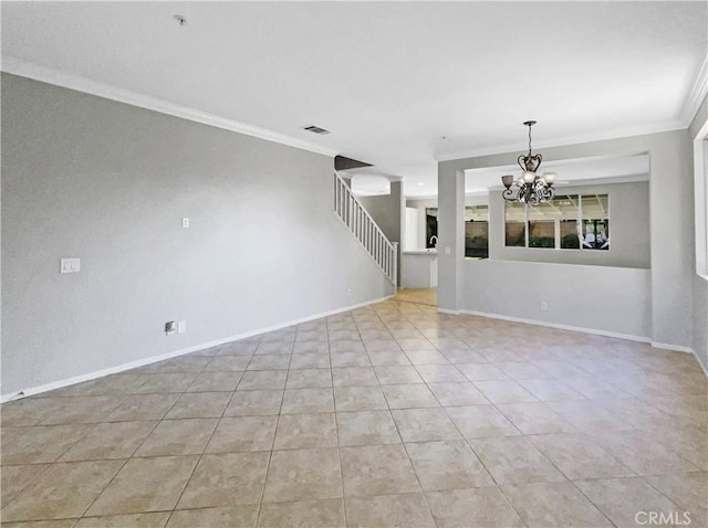 7411 Bull Run Pl, Fontana, CA 92336 - spare room with a chandelier, ornamental molding, stairway, baseboards, and light tile patterned flooring