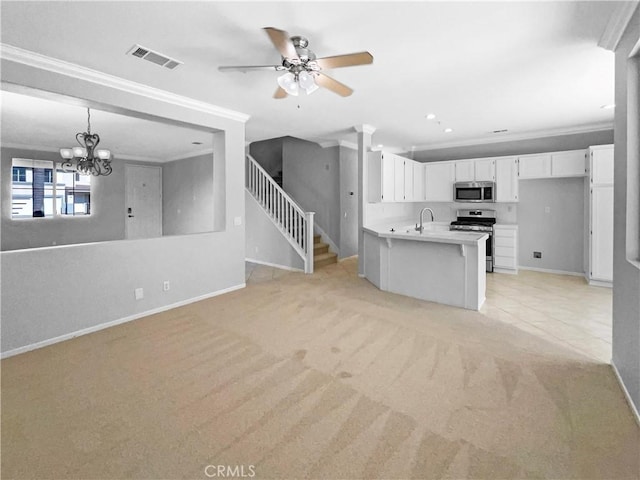 7411 Bull Run Pl, Fontana, CA 92336 - unfurnished living room featuring baseboards, crown molding, a sink, light carpet, and a ceiling fan